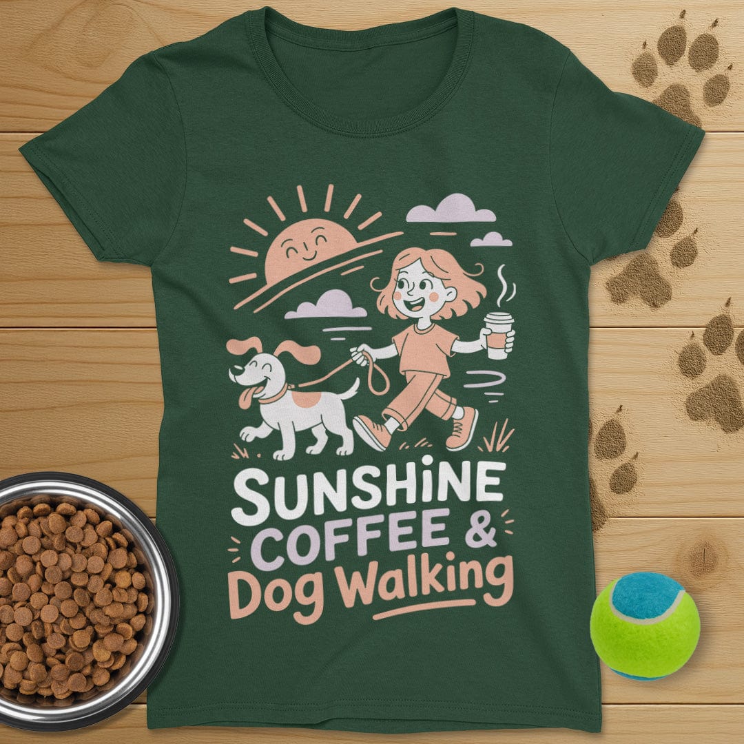 Sunshine Coffee and Dog Walking T-Shirt-Womens