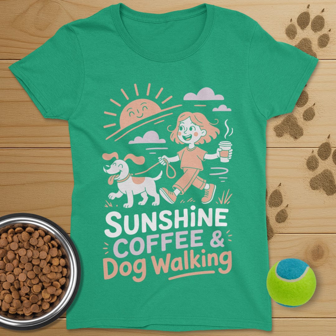 Sunshine Coffee and Dog Walking T-Shirt-Womens