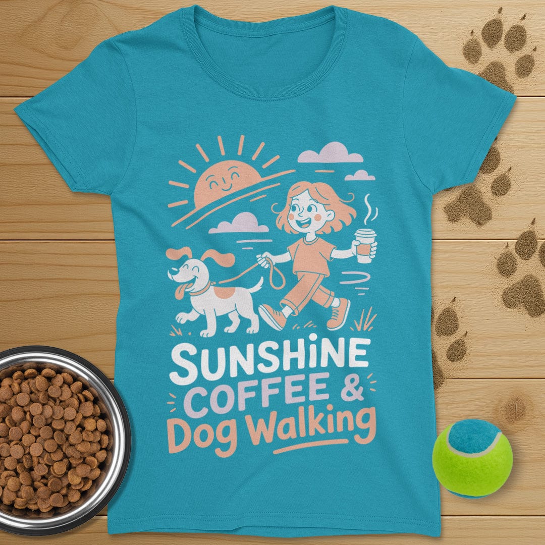 Sunshine Coffee and Dog Walking T-Shirt-Womens