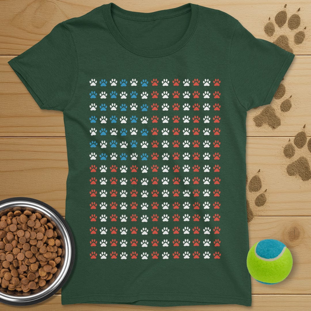 USA Flag Dog Paws T-Shirt-Womens