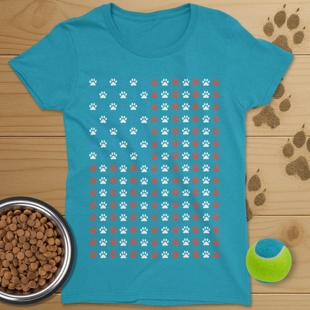 USA Flag Dog Paws T-Shirt-Womens